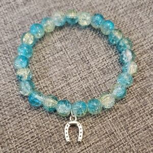 Turquoise and Mint Beaded Stretch Bracelet with Horseshoe Charm